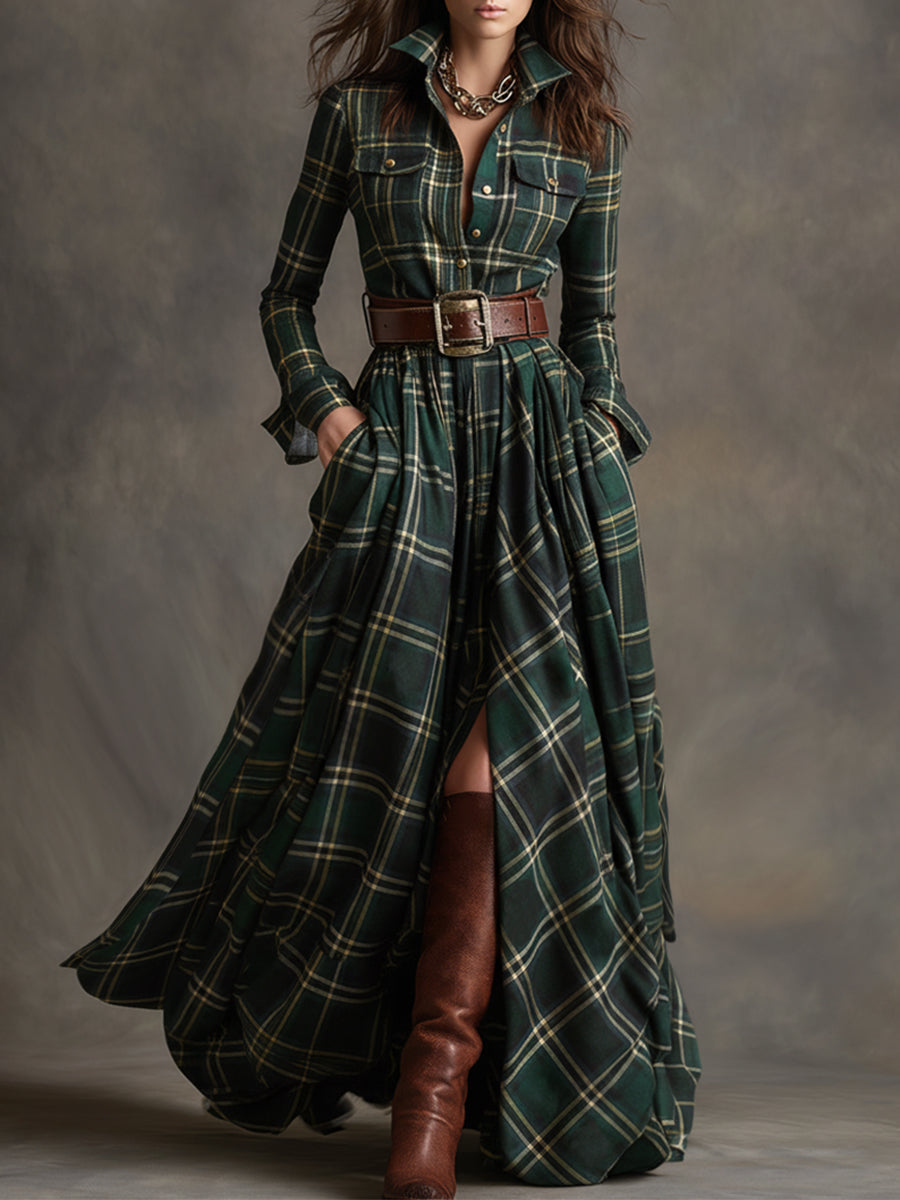 Women’s Plaid Maxi Shirt Dress with Belt