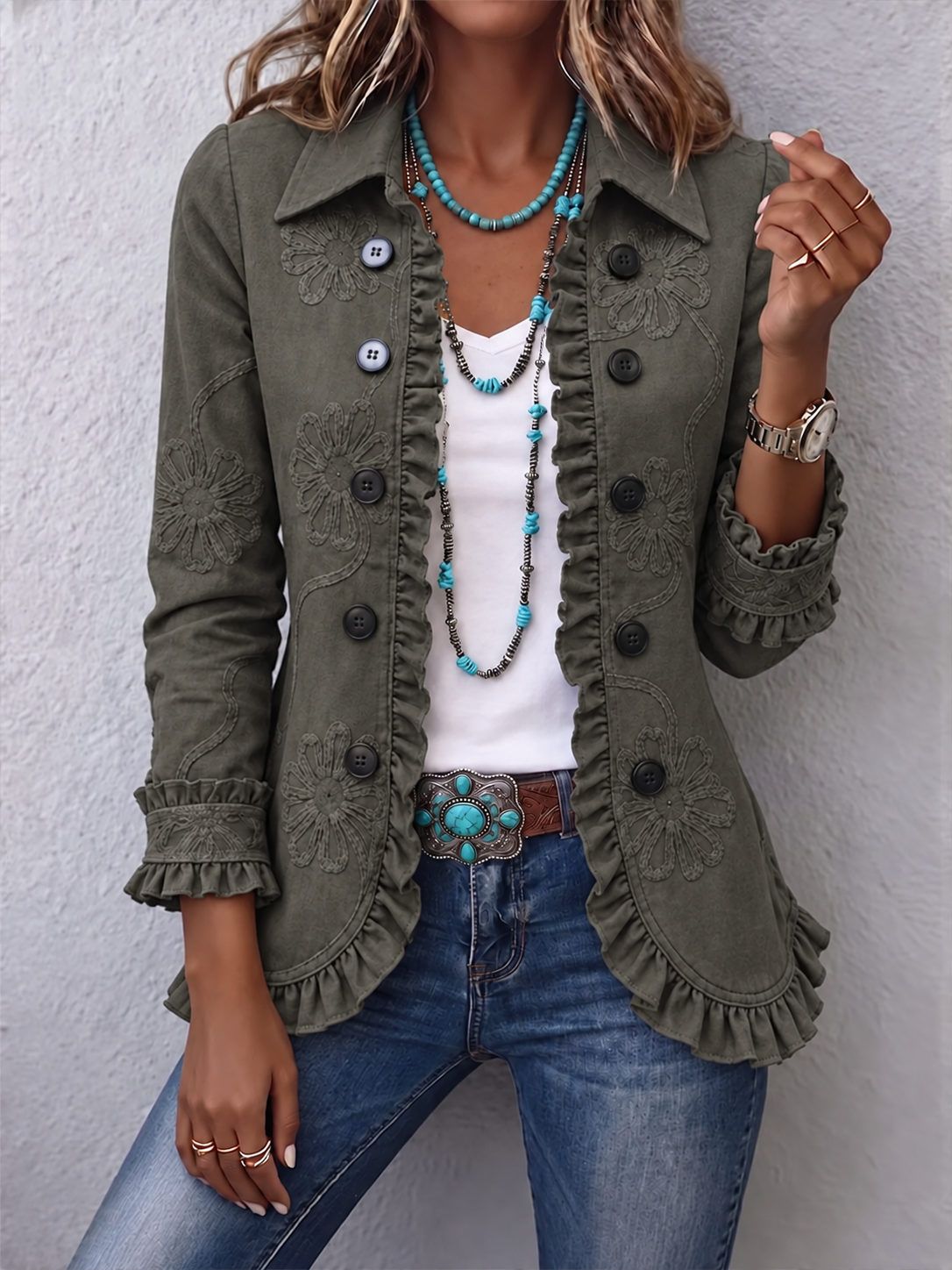 Women's Floral Embroidered Jacket with Ruffle Trim