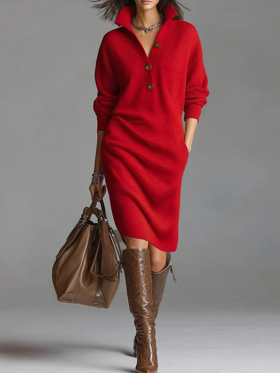 Women's Ribbed Polo Collar Long Sleeve Sweater Dress
