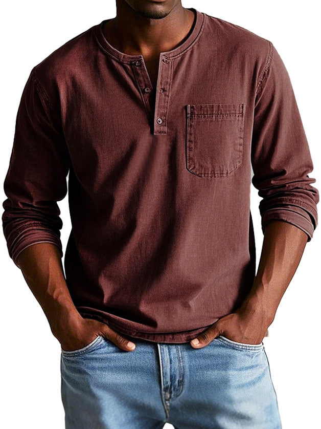 Men's Long Sleeve Henley Shirt with Pocket