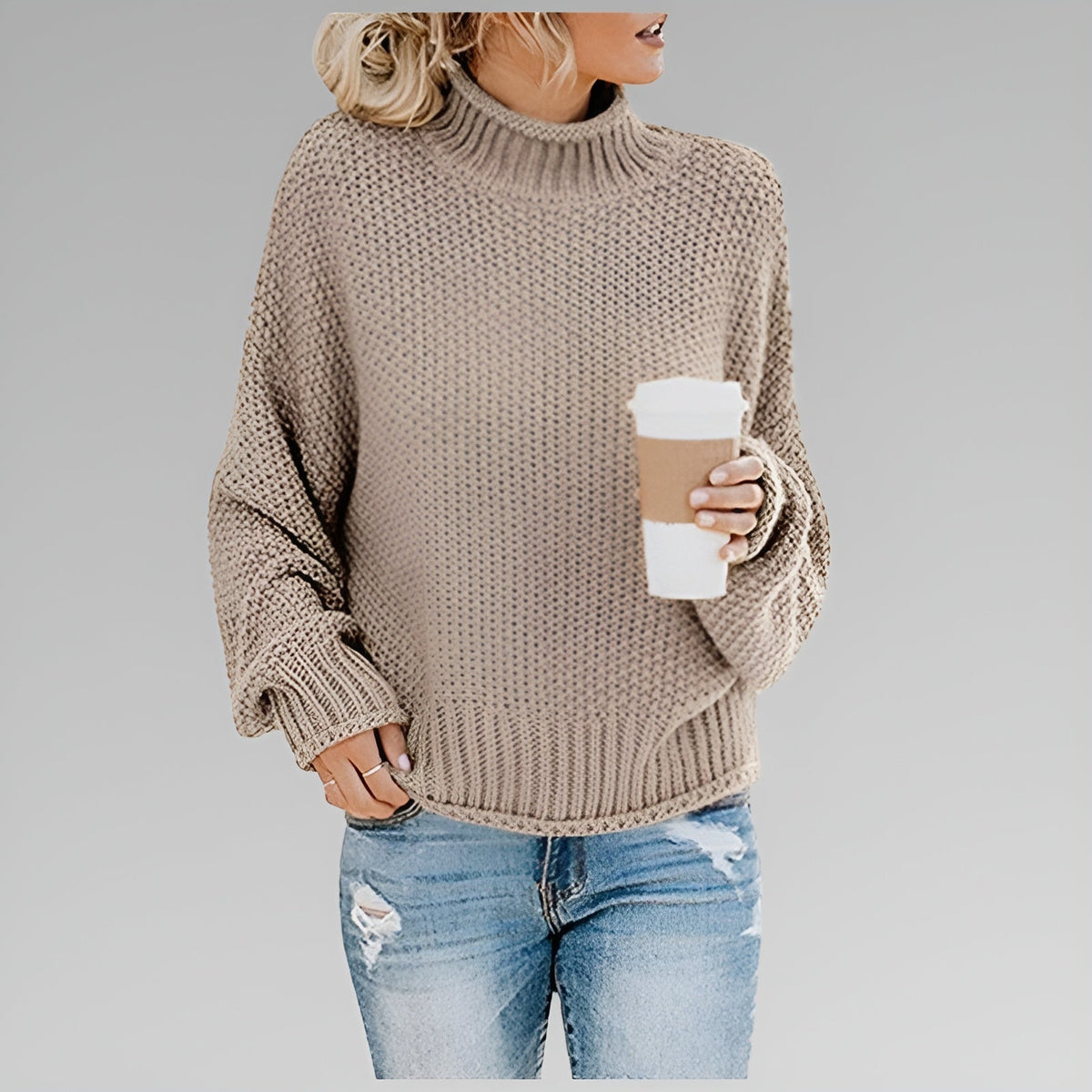 Women's Chunky Knit Turtleneck Sweater With Balloon Sleeves