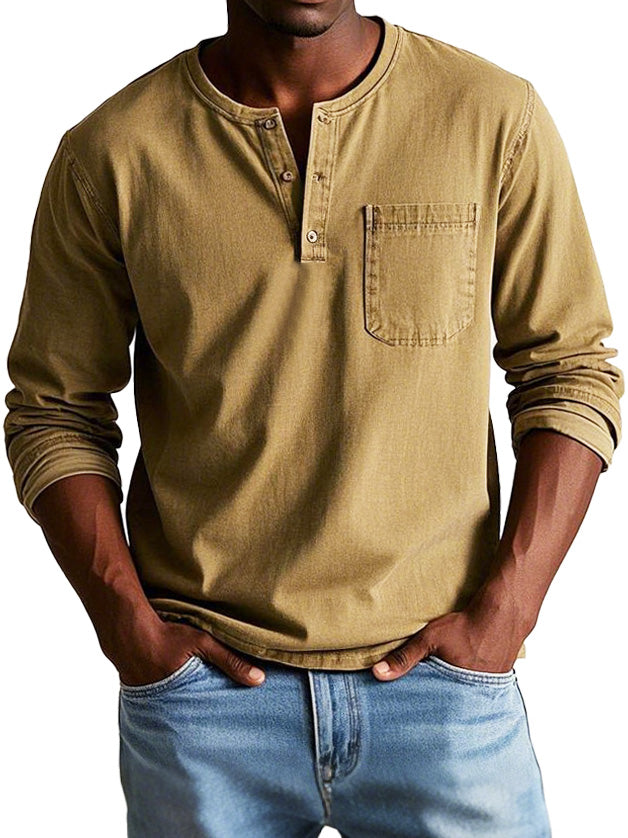 Men's Long Sleeve Henley Shirt with Pocket