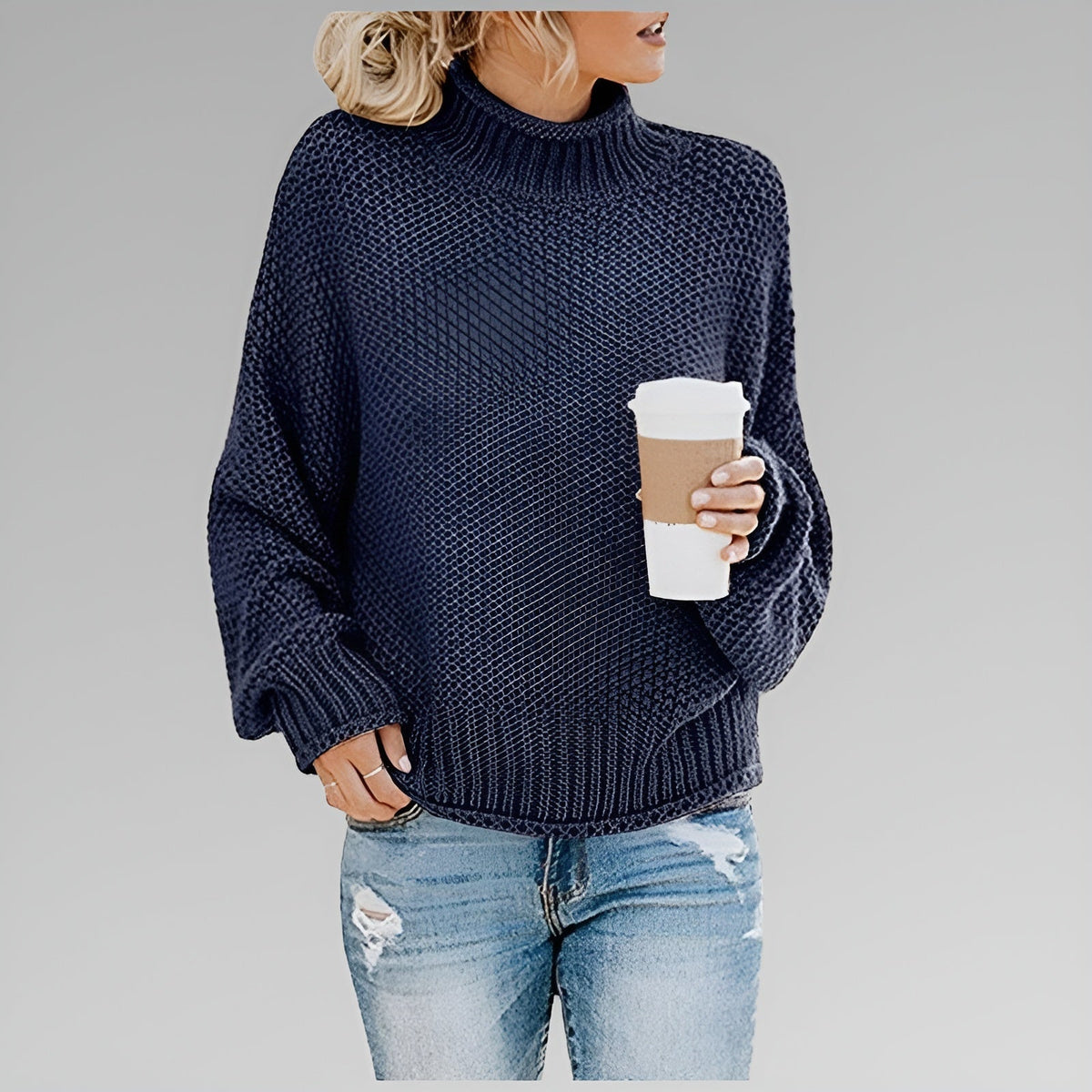 Women's Chunky Knit Turtleneck Sweater With Balloon Sleeves