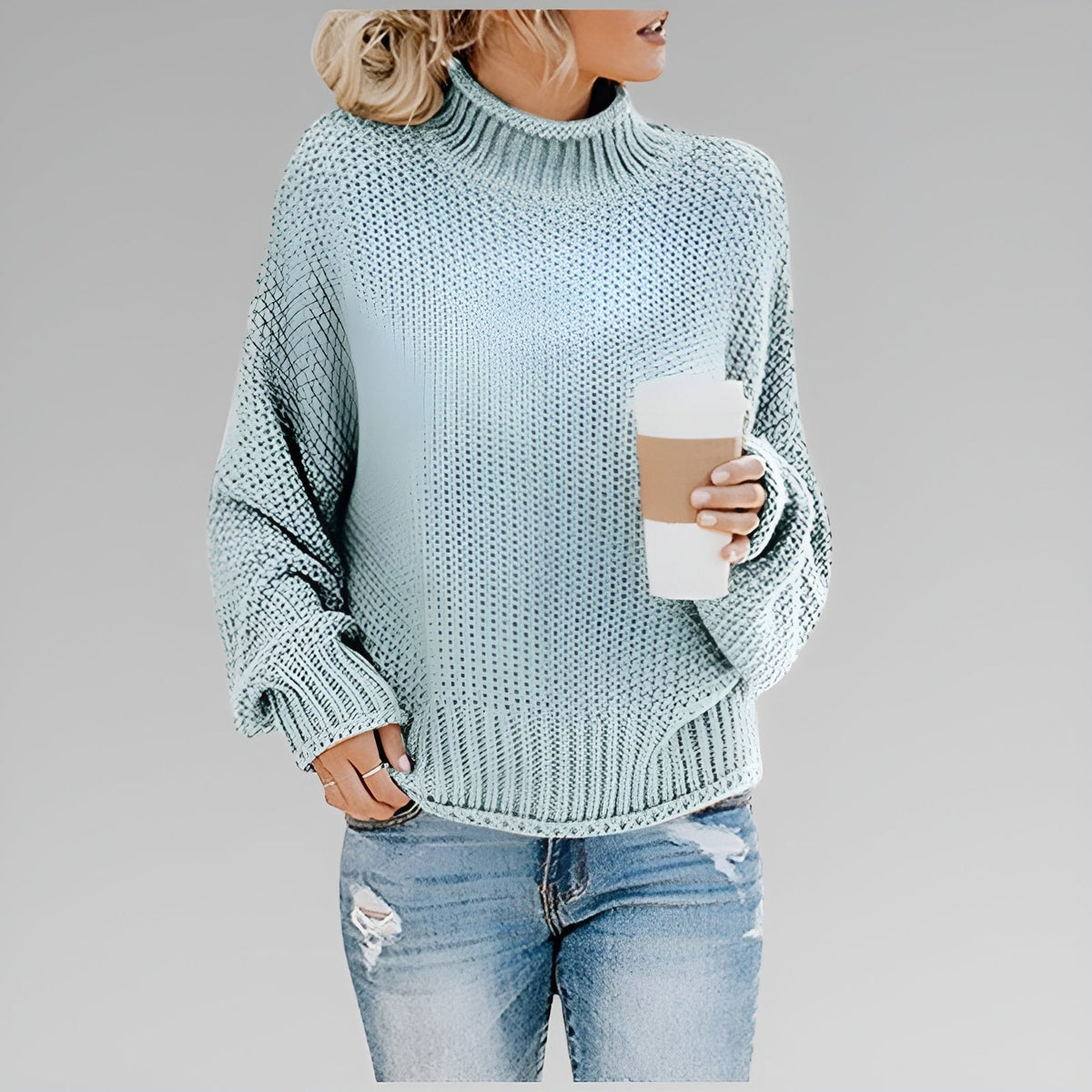 Women's Chunky Knit Turtleneck Sweater With Balloon Sleeves