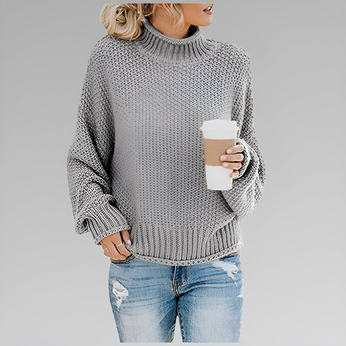 Women's Chunky Knit Turtleneck Sweater With Balloon Sleeves