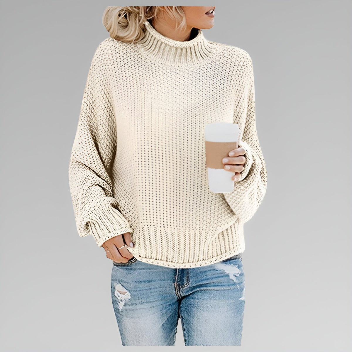 Women's Chunky Knit Turtleneck Sweater With Balloon Sleeves