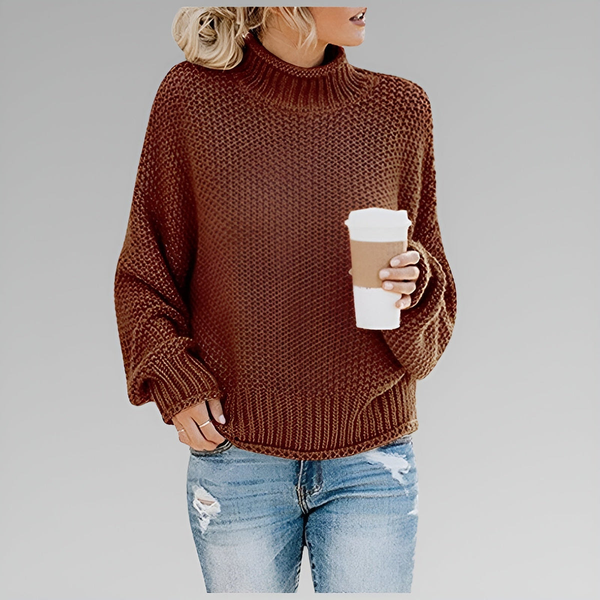 Women's Chunky Knit Turtleneck Sweater With Balloon Sleeves