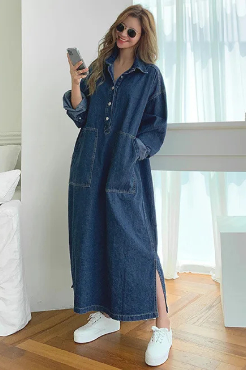 Women’s Long Sleeve Denim Maxi Shirt Dress