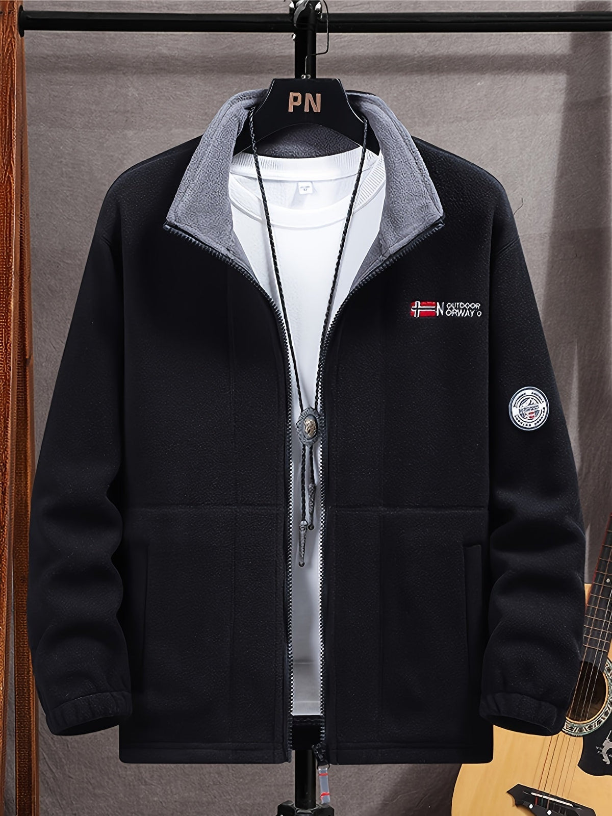 Men's Fleece Zip-Up Jacket with Stand Collar