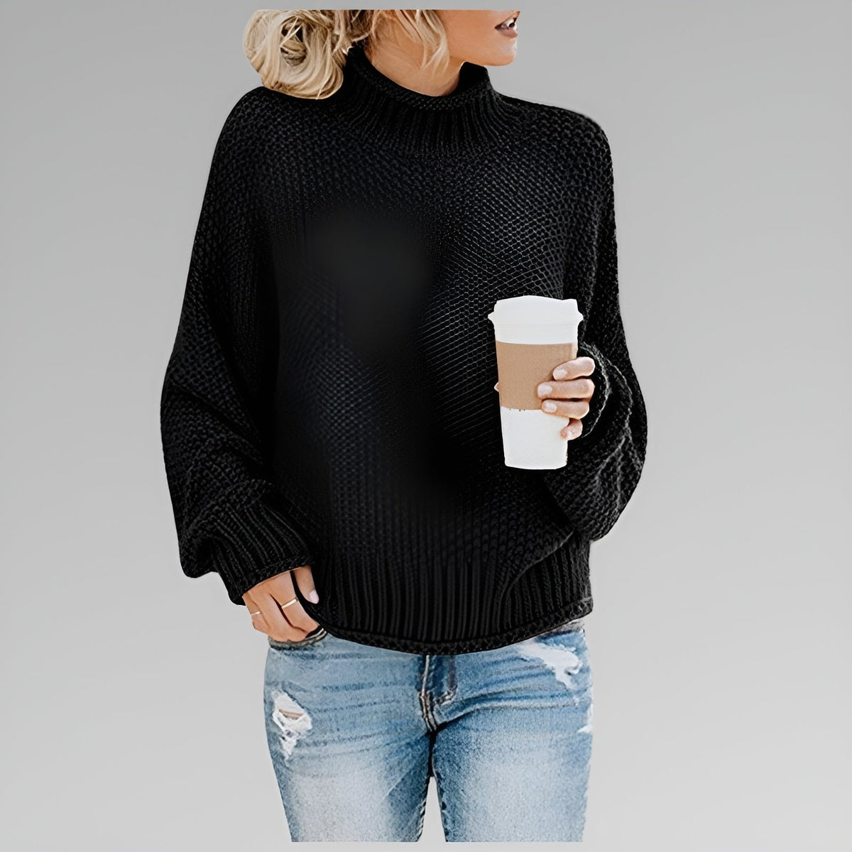 Women's Chunky Knit Turtleneck Sweater With Balloon Sleeves