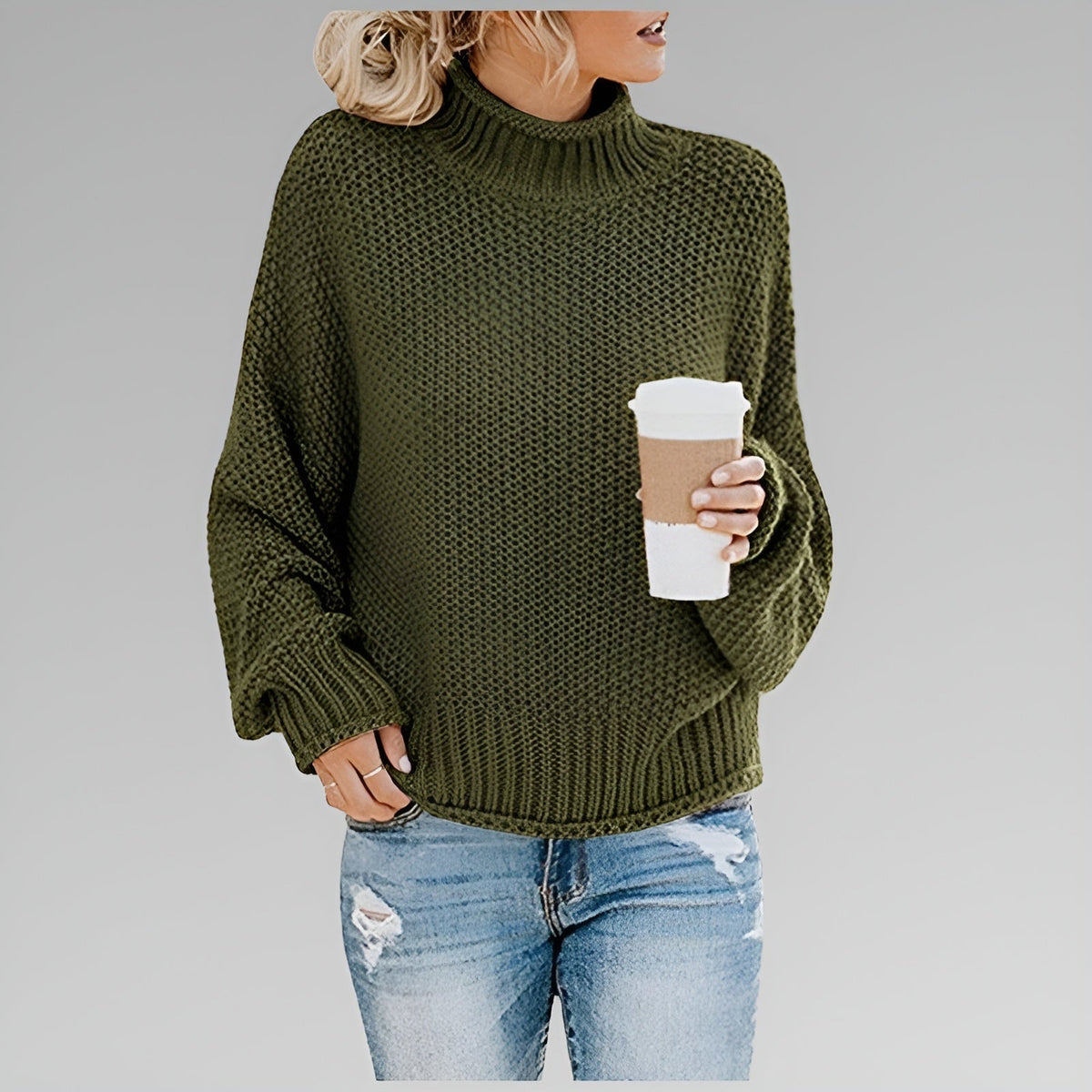 Women's Chunky Knit Turtleneck Sweater With Balloon Sleeves