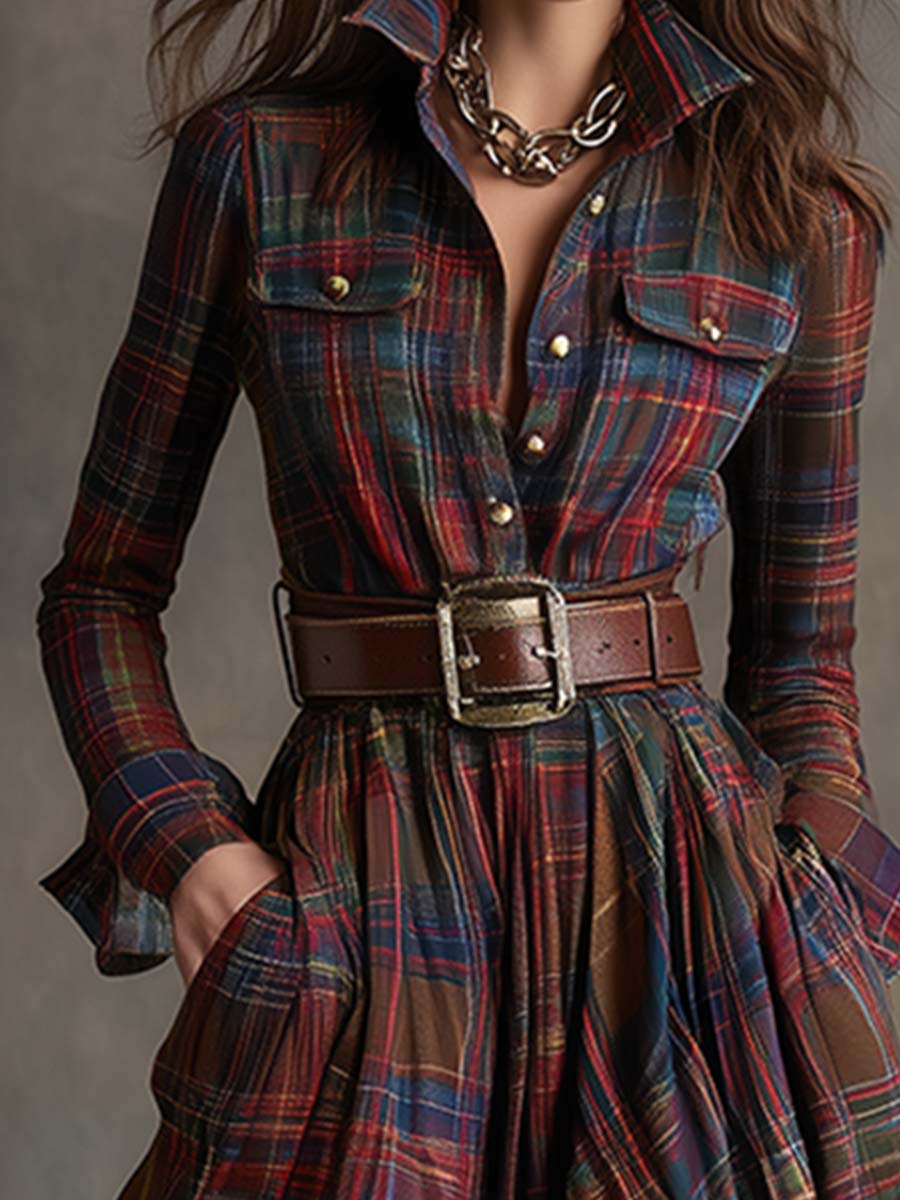 Women’s Plaid Maxi Shirt Dress with Belt
