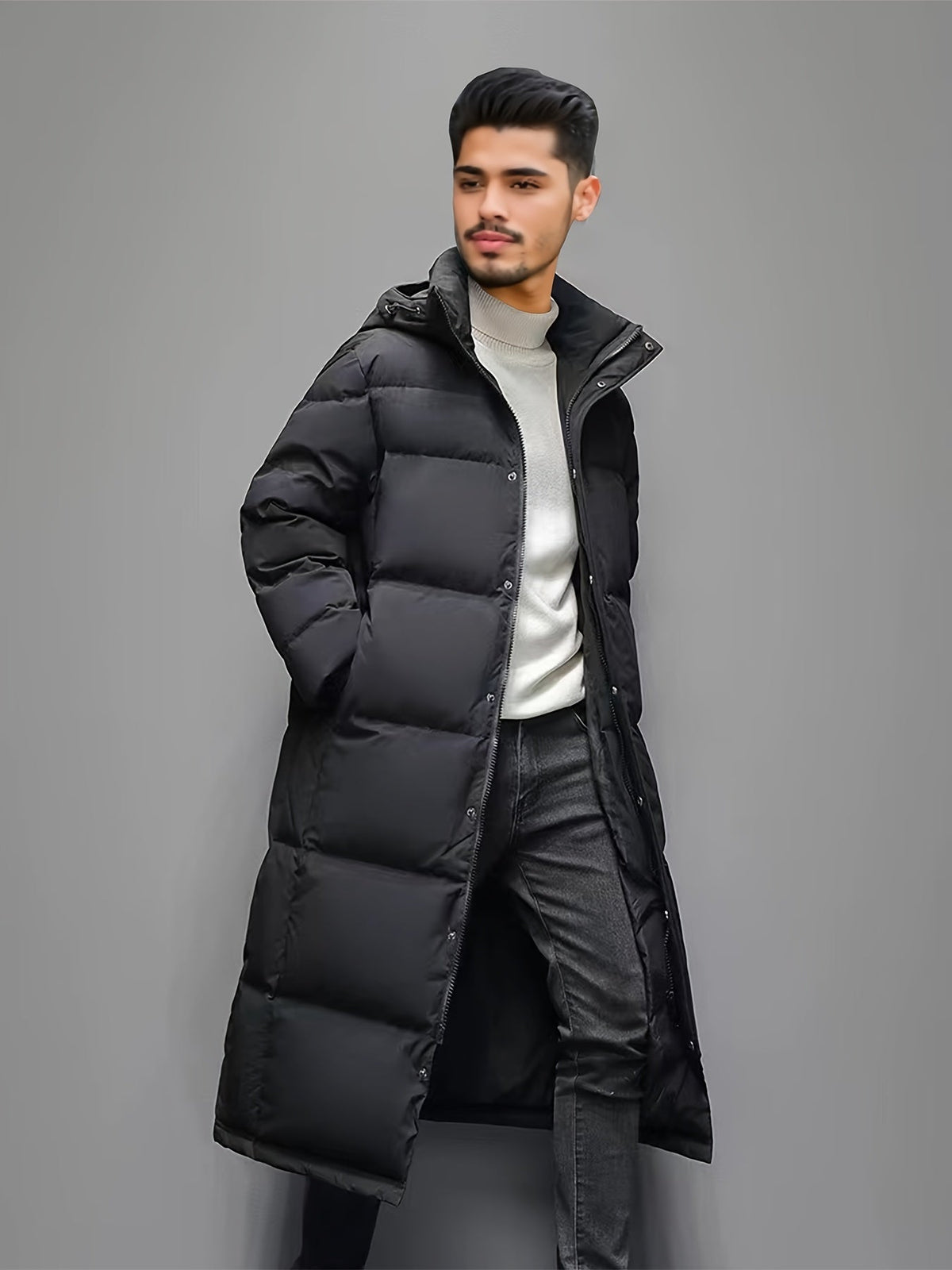 Men's Long Hooded Quilted Puffer Winter Coat