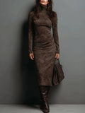 Women's High Neck Suede-Look Fitted Midi Dress