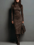 Women's High Neck Suede-Look Fitted Midi Dress