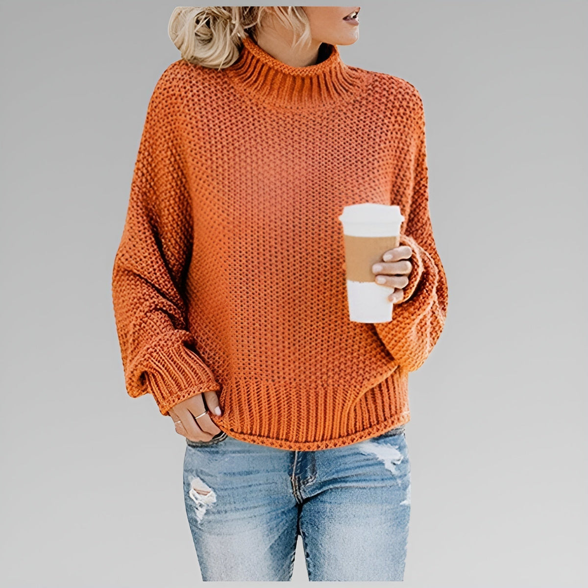 Women's Chunky Knit Turtleneck Sweater With Balloon Sleeves