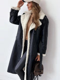 Women's Long Faux Leather Look Coat with Shearling-Style Trim
