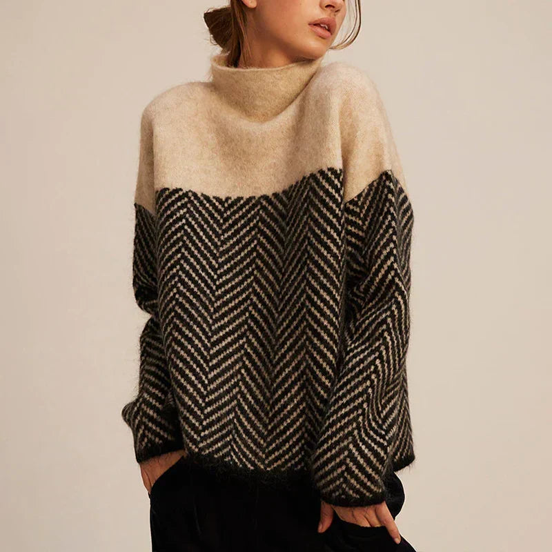 Women's Chevron Knit Sweater With Funnel Neck