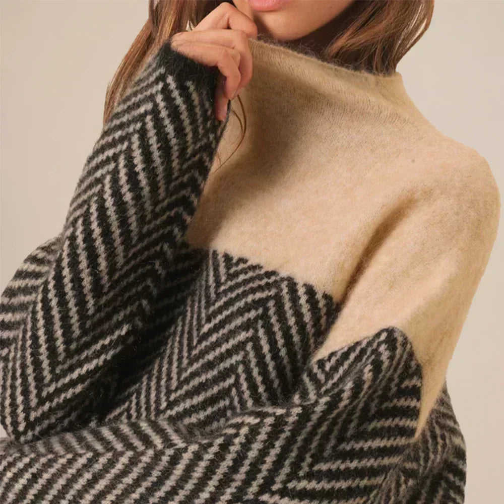 Women's Chevron Knit Sweater With Funnel Neck