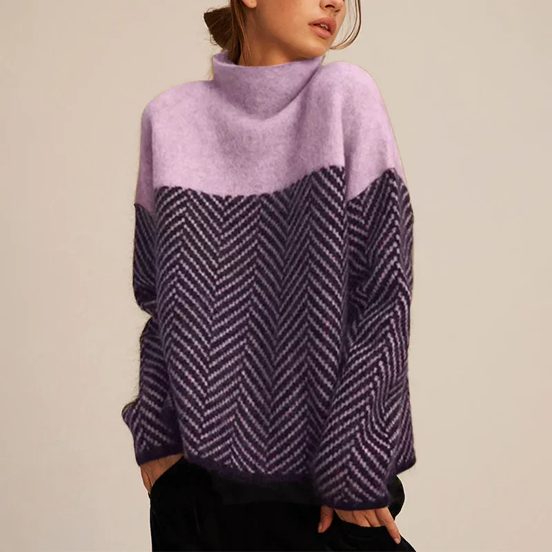 Women's Chevron Knit Sweater With Funnel Neck