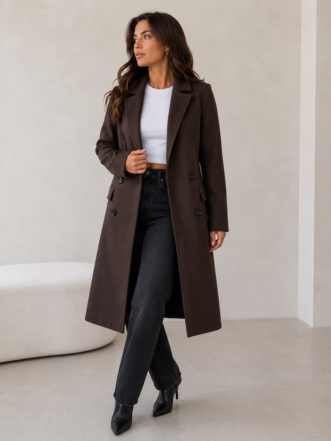 Women's Long Double-Breasted Coat with Notch Lapels
