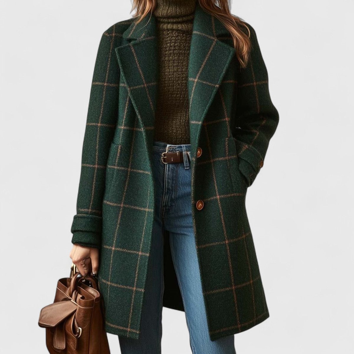 Women's Plaid Long Coat with Notched Lapels