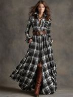 Women’s Plaid Maxi Shirt Dress with Belt