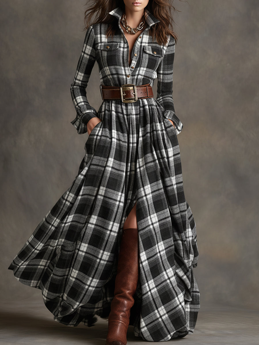 Women’s Plaid Maxi Shirt Dress with Belt