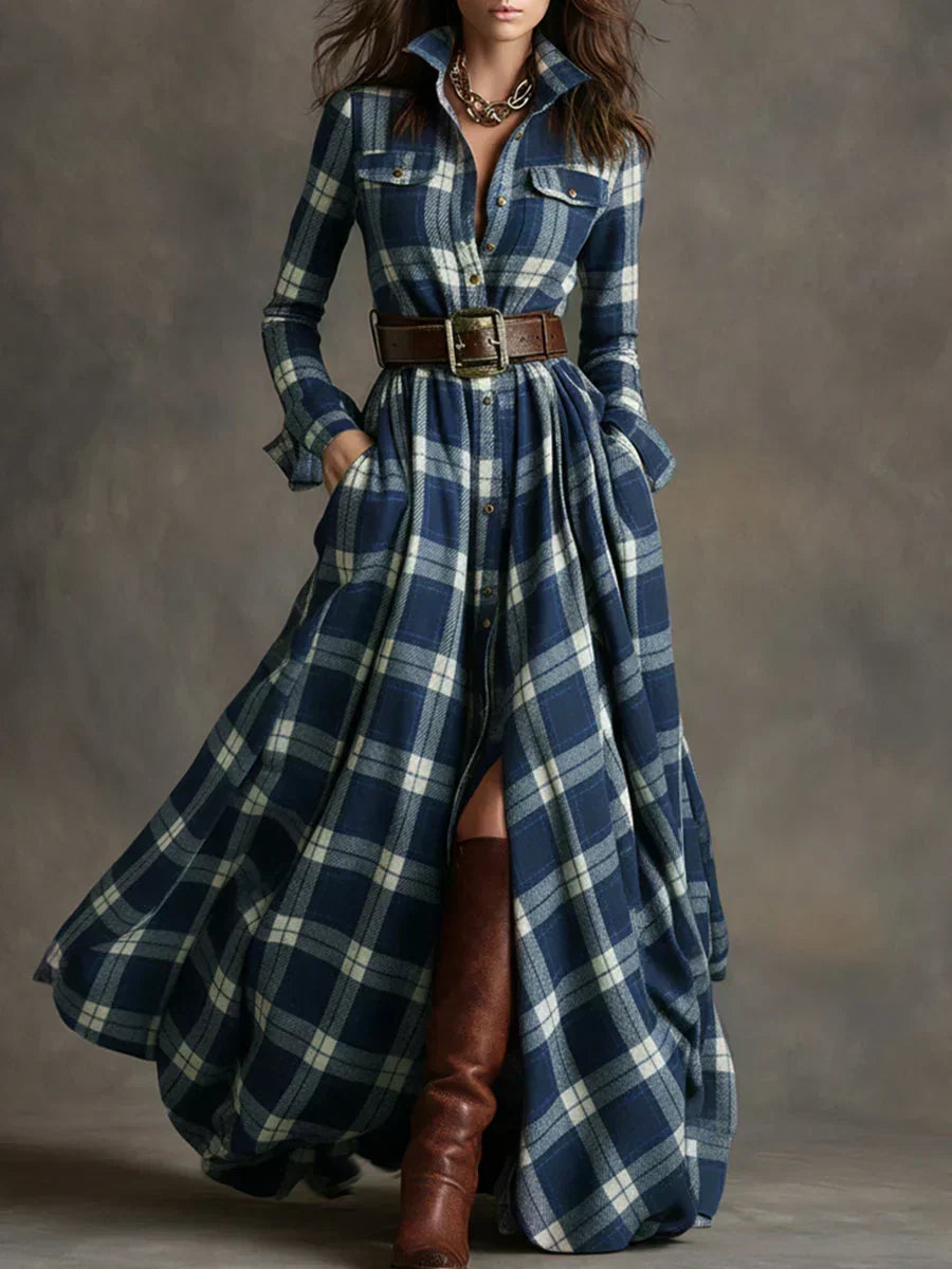 Women's Plaid Button-Front Maxi Shirt Dress