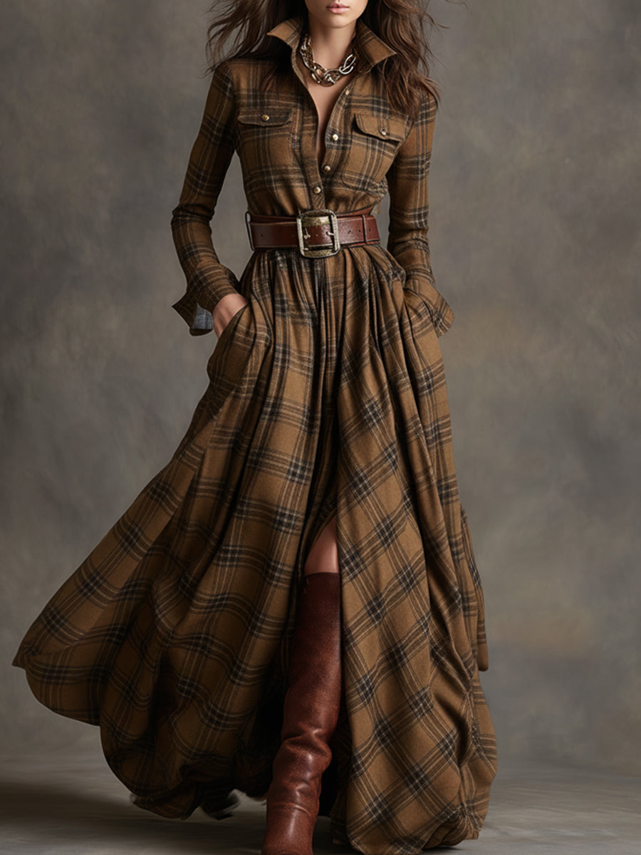 Women’s Plaid Maxi Shirt Dress with Belt