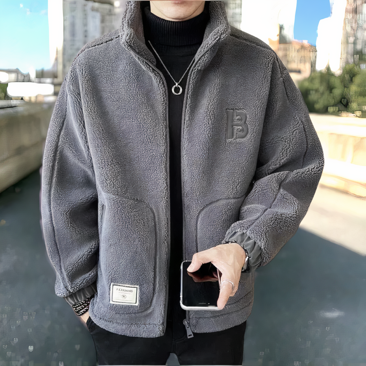 Men's Teddy Zip-Up Jacket with Stand Collar