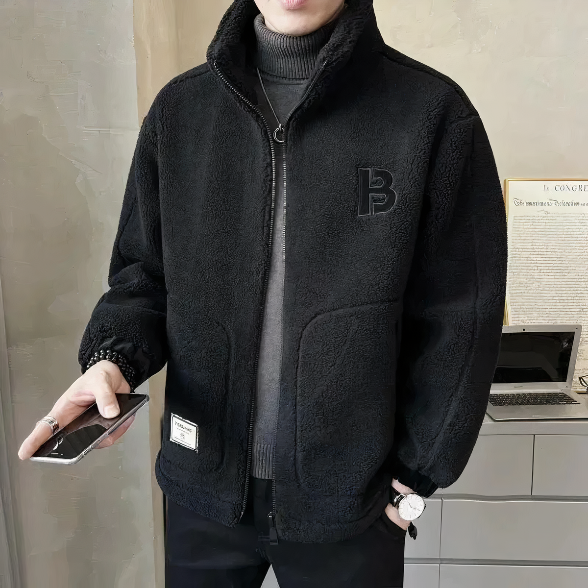 Men's Teddy Zip-Up Jacket with Stand Collar