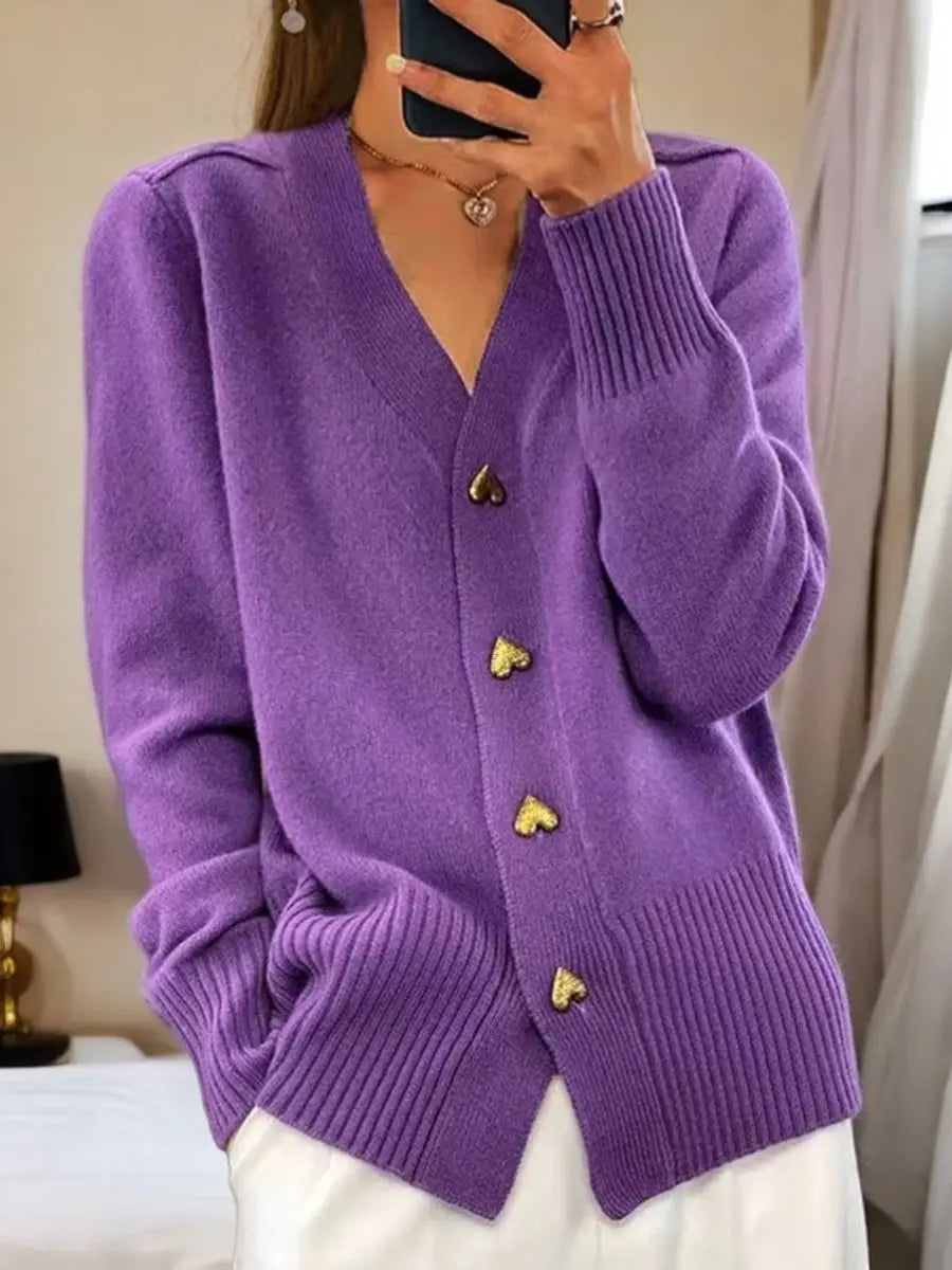 Women's V-Neck Cardigan with Heart-Shaped Buttons