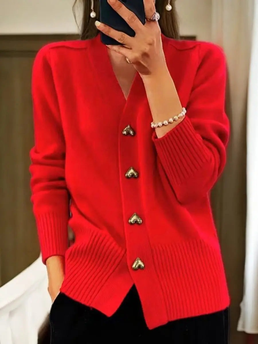 Women's V-Neck Cardigan with Heart-Shaped Buttons
