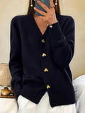 Women's V-Neck Cardigan with Heart-Shaped Buttons
