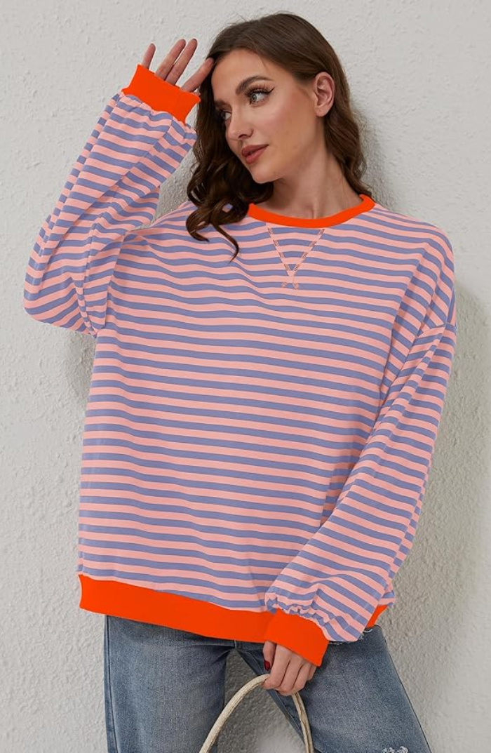 Women's Oversized Striped Crew Neck Knit Sweater