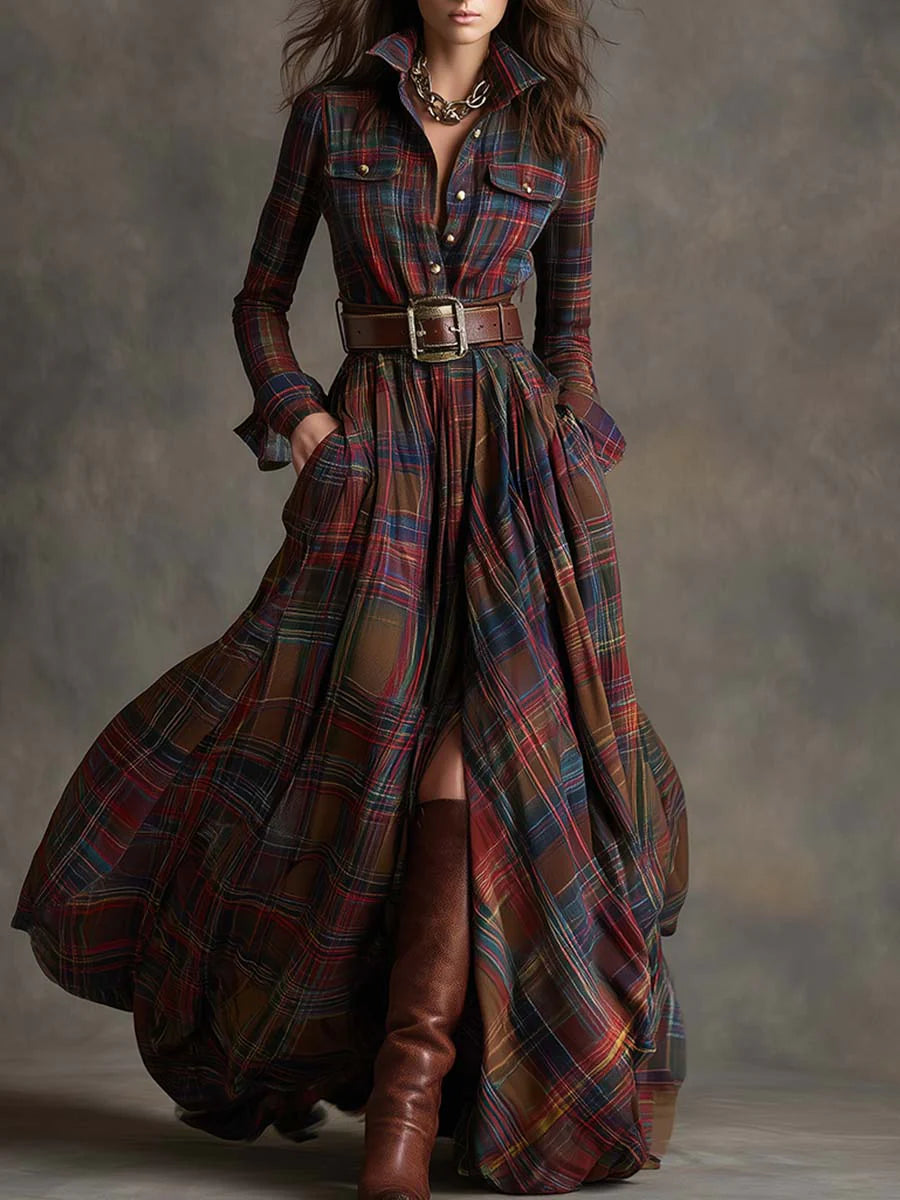 Women's Plaid Button-Front Maxi Shirt Dress