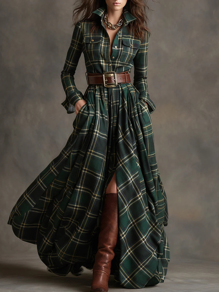 Women's Plaid Button-Front Maxi Shirt Dress