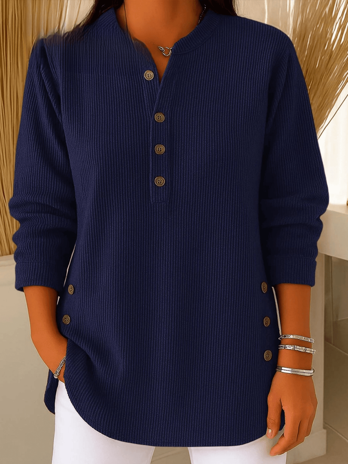 Women's Ribbed Henley Tunic Top with Side Buttons