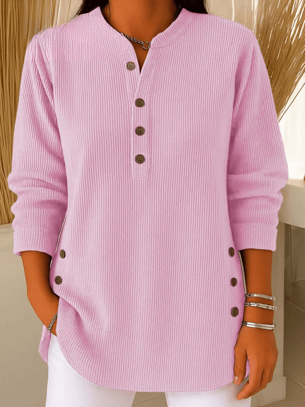 Women's Ribbed Henley Tunic Top with Side Buttons