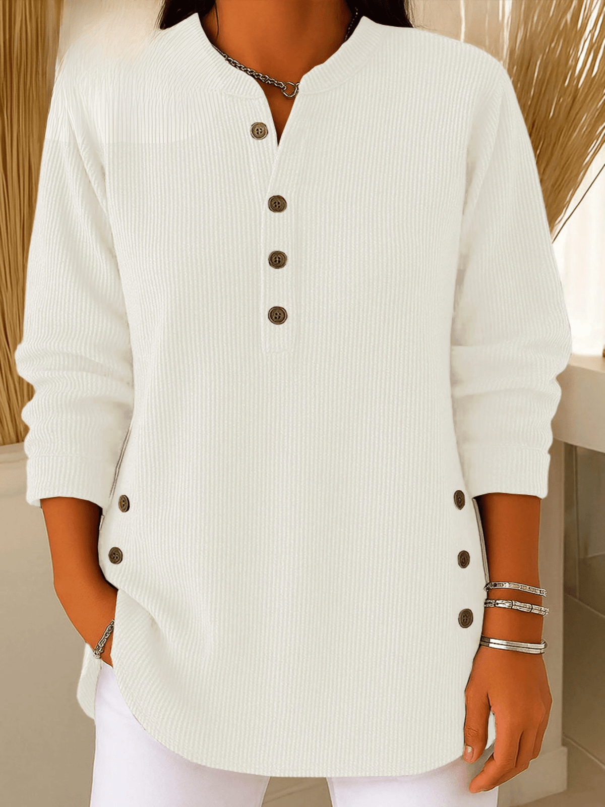 Women's Ribbed Henley Tunic Top with Side Buttons