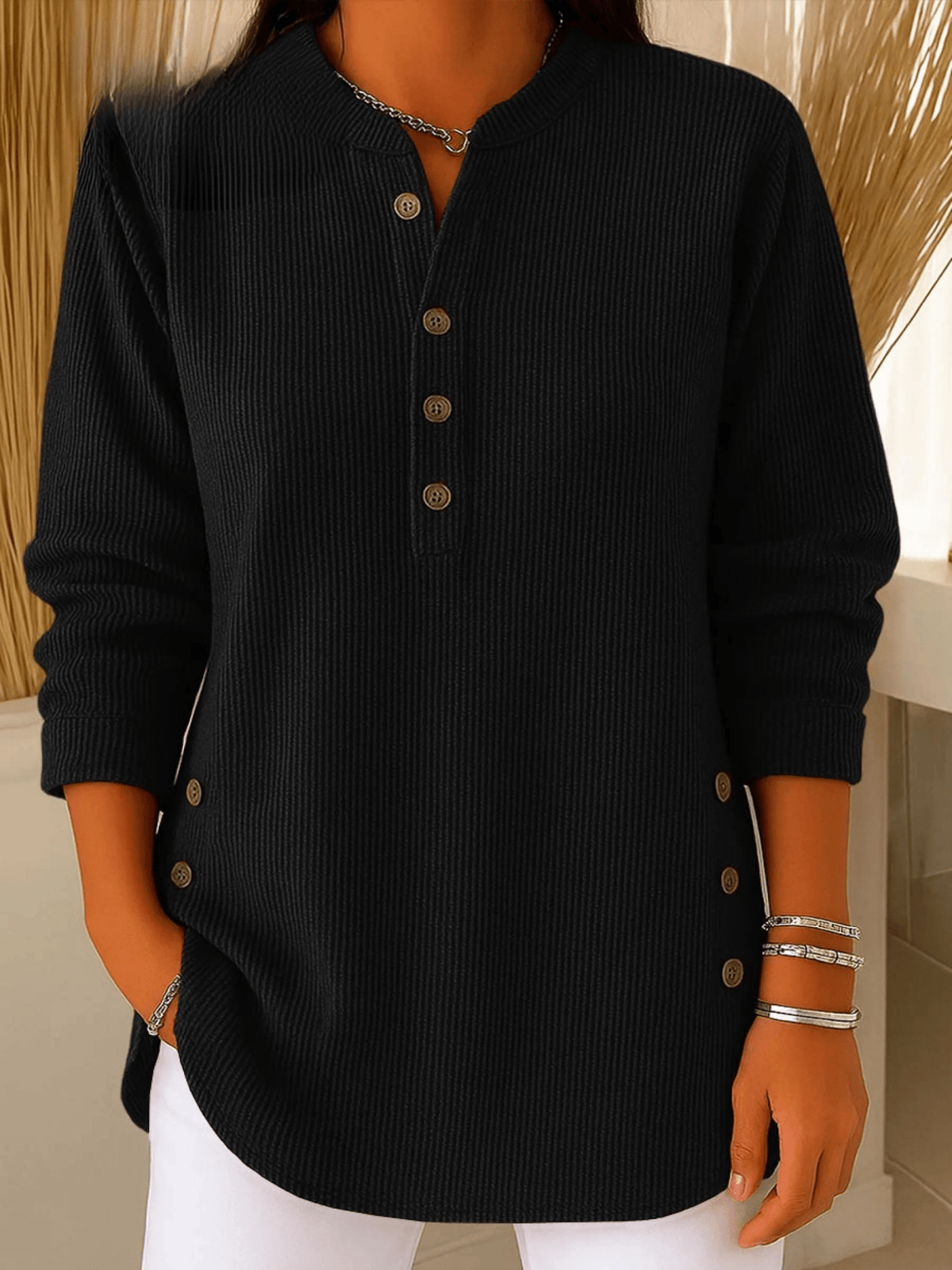 Women's Ribbed Henley Tunic Top with Side Buttons