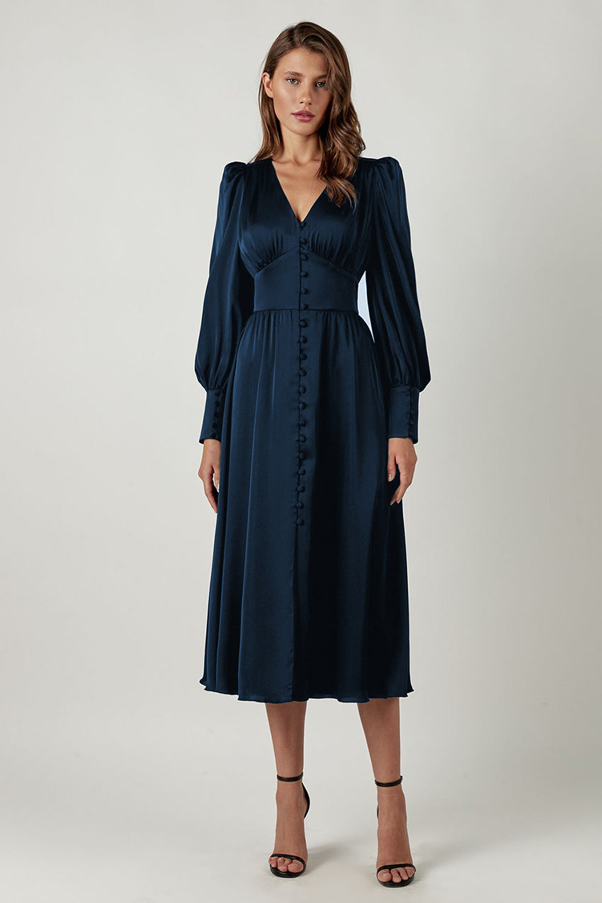 Women’s V-Neck Long Sleeve A-Line Midi Dress