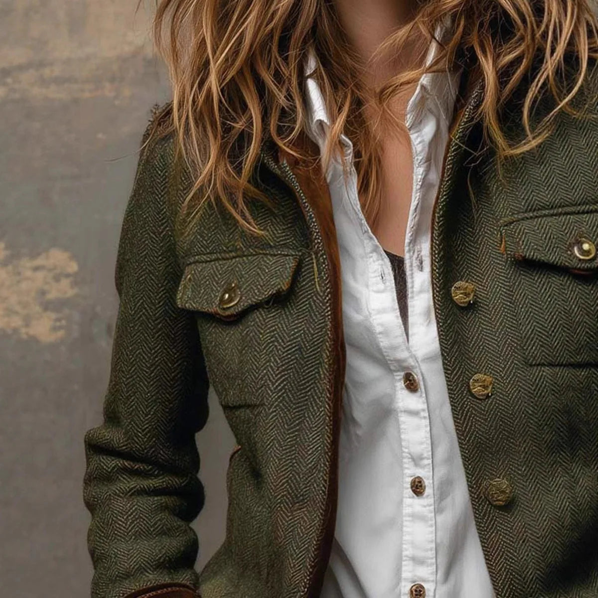 Women's Herringbone Button-Front Jacket with Stand Collar