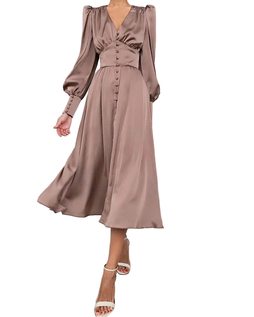 Women’s V-Neck Long Sleeve A-Line Midi Dress