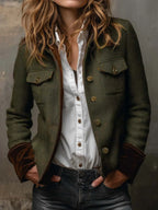 Women's Herringbone Button-Front Jacket with Stand Collar