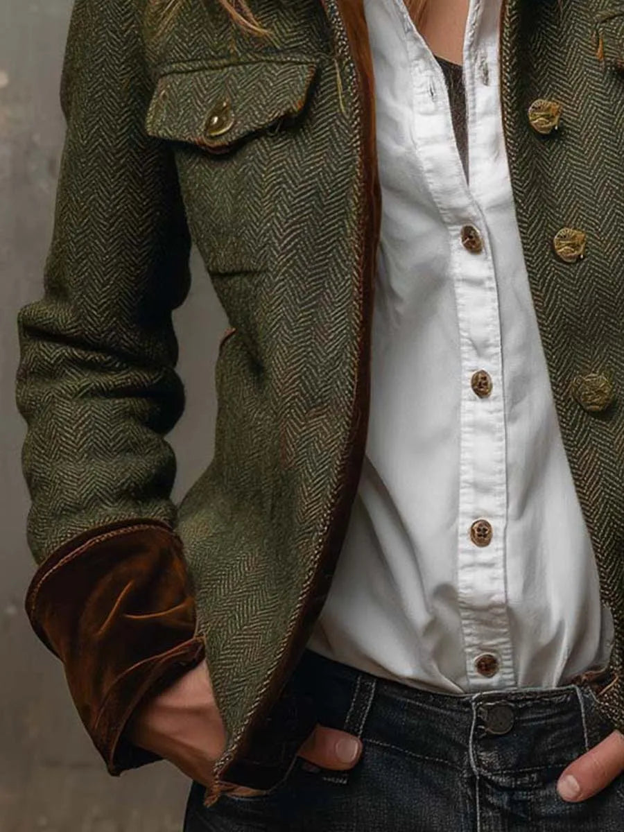 Women's Herringbone Button-Front Jacket with Stand Collar