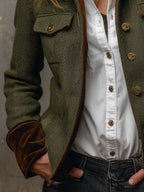 Women's Herringbone Button-Front Jacket with Stand Collar