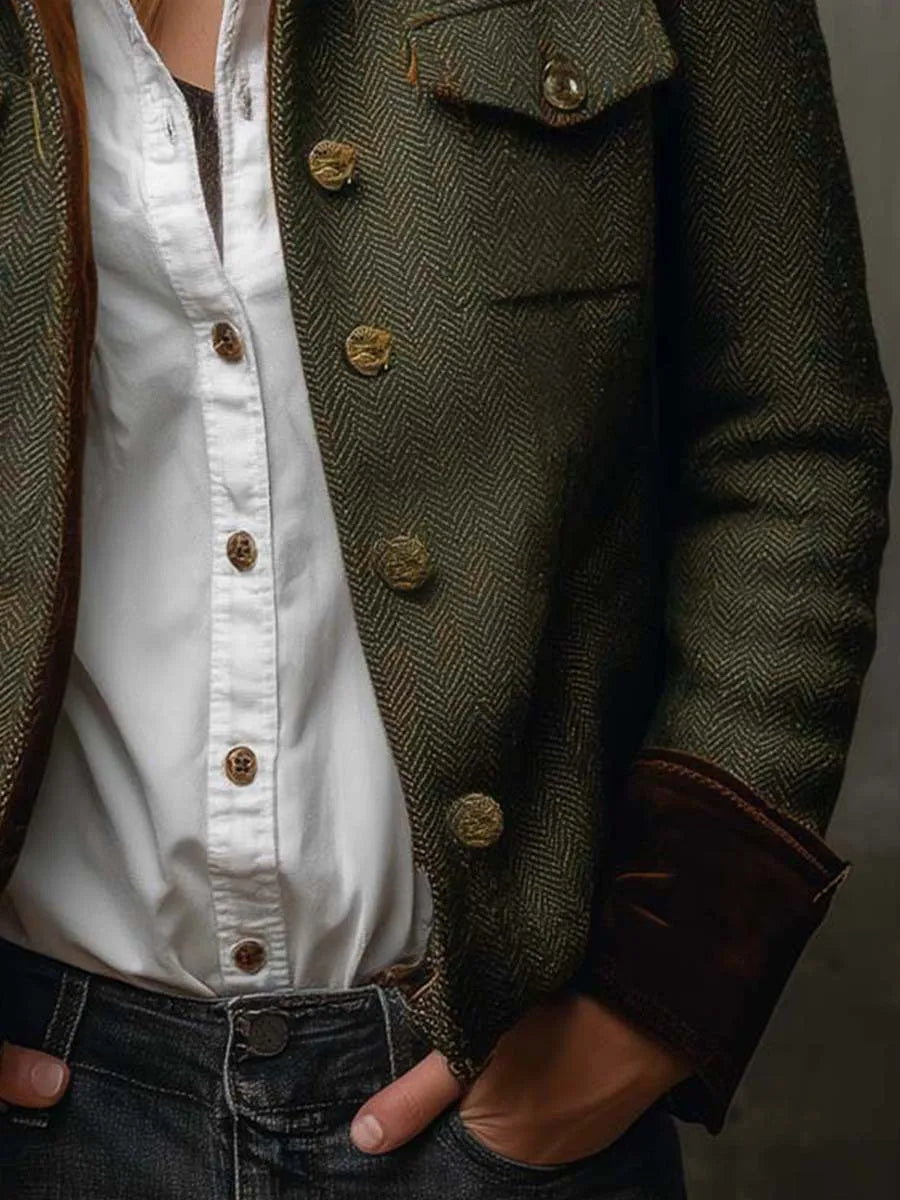 Women's Herringbone Button-Front Jacket with Stand Collar