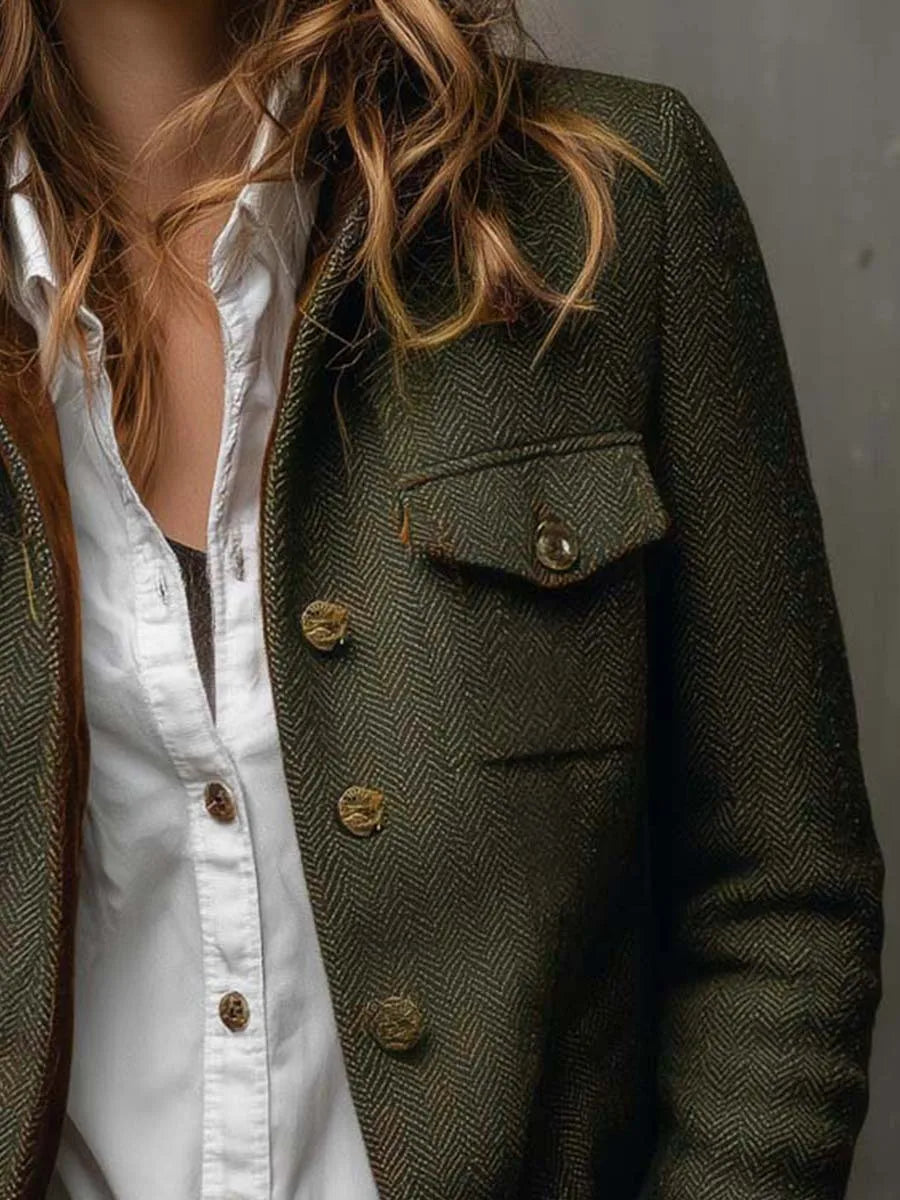 Women's Herringbone Button-Front Jacket with Stand Collar